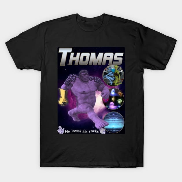 THOMAS *He Loves His Rocks* Knock Off Brand Parody Meme Spoof MCU Super Hero Rap Tee T-Shirt by blueversion